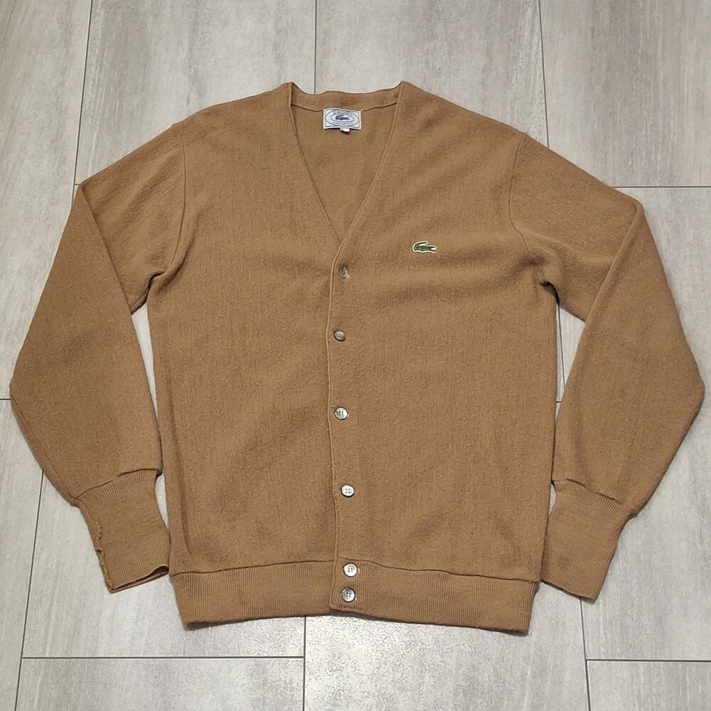 Vtg IZOD Lacoste 1970s Tan Knit Men’s Button Cardigan Sweater Sz L Kurt Cobain